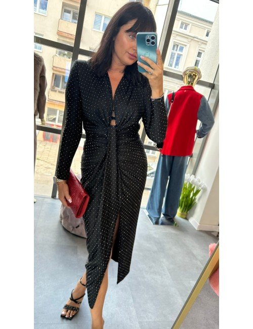 Sukienka Midi z Węzłem i Kryształkami – Czarna, Rozmiar Uniwersalny, Made in Italy // 4922