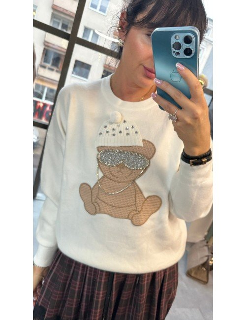 Uroczy Sweter Oversize z Aplikacją Misia w Kryształkach – Biały, Made in Italy // 4927