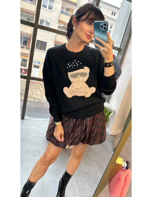 Uroczy Sweter Oversize z Aplikacją Misia w Kryształkach – Czarny, Made in Italy // 4928