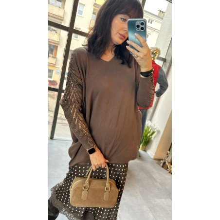 Sweter Oversize Boho Glamour z Kryształowymi Rękawami – Włoski Look Made in Italy // 4954