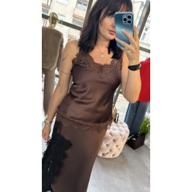 Satynowa Bluzka Cami z Koronką w Odcieniu Czekoladowego Brązu – Luksus Made in Italy // 4993