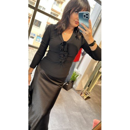 Elegancka Czarna Bluzka V-neck z Marszczeniem — Made in Italy, Rozmiar Uniwersalny // 5000