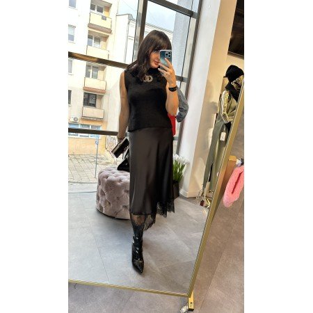 Satynowa Spódnica Midi z Koronką — Włoska Wiskoza, Made in Italy // 5001