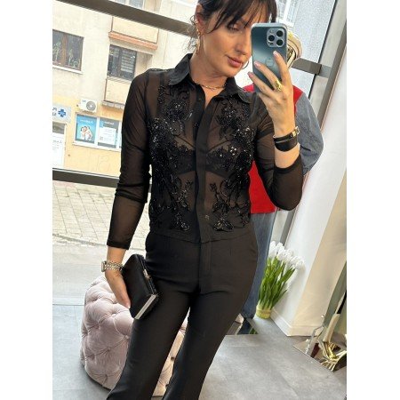 Luksusowa Bluzka Koszulowa Transparentna z Cekinowym Haftem – Made in Italy // 5039