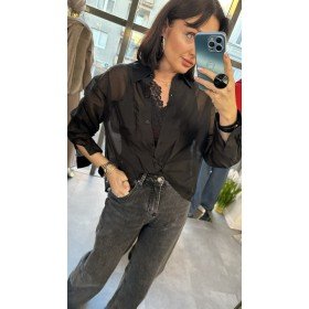 Szyk i Transparentność: Czarna Koszula z Koronkowym Topem 2w1 ViCOLO – Włoski Look z Efektem WOW, Made in Italy // 5140