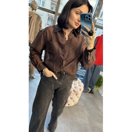 Szyk i Transparentność: Brązowa Koszula z Koronkowym Topem 2w1 ViCOLO – Włoski Look z Efektem WOW, Made in Italy // 5141