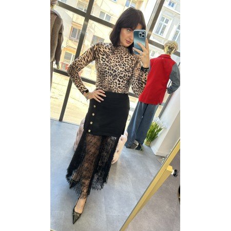 Spódnica Maxi Black Lace z Ozdobnymi Złotymi Guzikami – Koronka, Wiskoza, Made in Italy // 5153