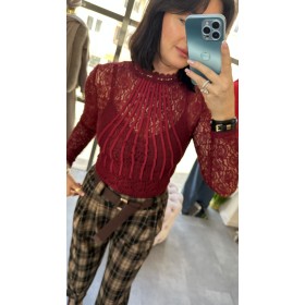 Zmysłowe Koronkowe Body Elegance – Czerwony Burgun, Plisowany Dekolt, Rozmiar Uni // 5155