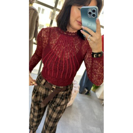 Zmysłowe Koronkowe Body Elegance – Czerwony Burgun, Plisowany Dekolt, Rozmiar Uni // 5155