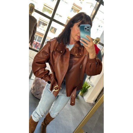 Kożuch Naturalny Ramoneska Premium AdoreDanew – Skórzana Kurtka Motorowa Ocieplona Futrem  // 5180