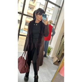 Dwustronny Płaszcz Kożuch Długi (Naturalne Futro) – Luksusowy Bordo // 5192