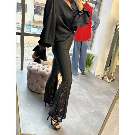 Spodnie Dzwony Push-Up Eco-Skóra z Koronką - Brąz i Czerń - Made in Italy // 5218