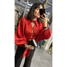 Satynowa Koszula Damska "Hollywood Glamour" – Crop, Bufiaste Rękawy, Złote Guziki – Polska Produkcja // 5245