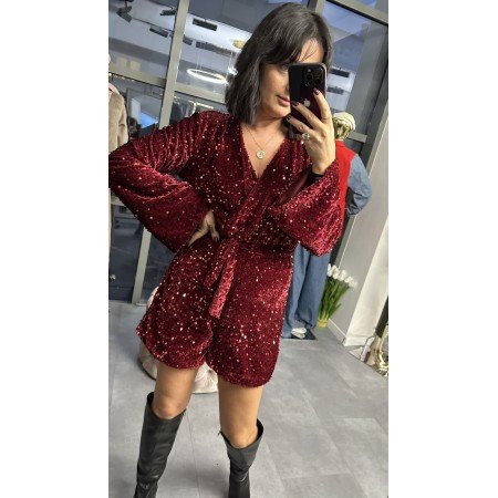 WELUROWY KOMBINEZON Z CEKINAMI BORDO (MADE IN ITALY) - Długi Rękaw, Krótkie Spodenki, ONE SIZE // 5254