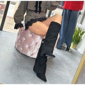 Wyjątkowe Kozaki Workery (Slouchy) z EKO Zamszu | Ukryty obcas 9,5 cm | Wysoka Cholewka | Black Edition // 5295