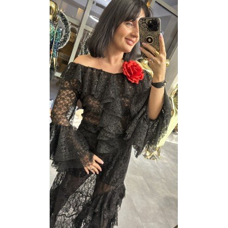 LUKSUSOWA Bluzka Hiszpanka Koronka Cekinowa Falbany – MADE IN ITALY | Uniwersalna Elegancja // 5310