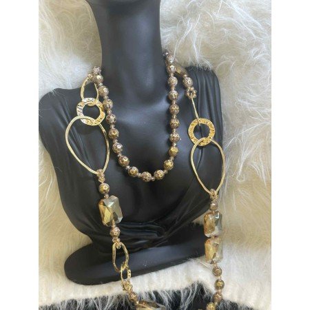 Elegancki naszyjnik sznur z beżowymi kamieniami i złotem // 5377