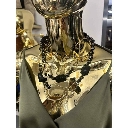 Elegancki naszyjnik sznur z czarnymi kamieniami i złotem // 5378