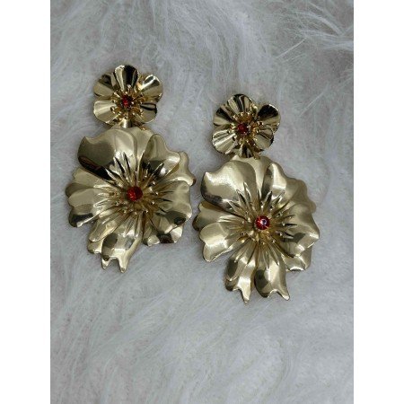 Złote Kolczyki Wiszące „Rozkwit Elegancji” z Czerwonymi Kryształkami // 5403