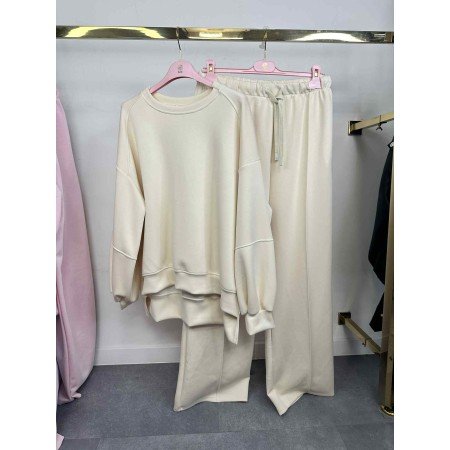 Beżowy Komplet Dresowy Oversize – Bluza i Szerokie Spodnie – Włoska Kolekcja // 5426