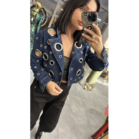 Krótka Kurtka Denim z Metalowymi Dżetami – Włoska Kolekcja – Cotton Premium // 5420