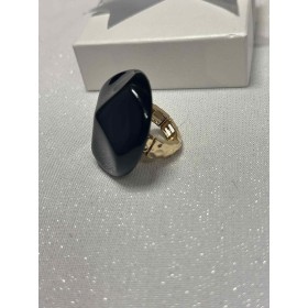 Elegancki pierścionek na gumce z dużym czarnym oczkiem – złota elastyczna obrączka // 5478