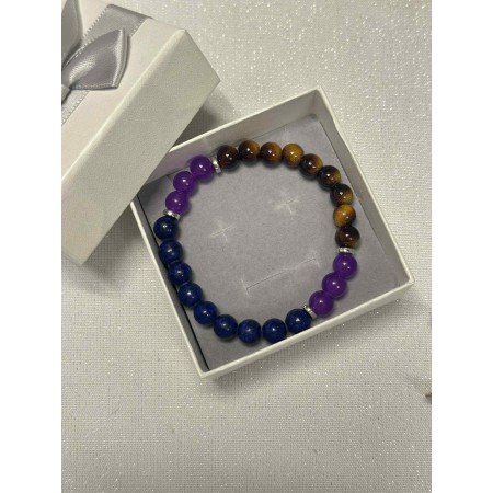 Bransoletka na gumce – Kolorowe Kryształy: Tygrysie Oko, Lapis Lazuli i Fiolet // 5485