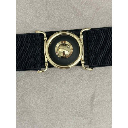 Czarny Elastyczny Pasek Damski ze Złotą Okrągłą Klamrą // 5522