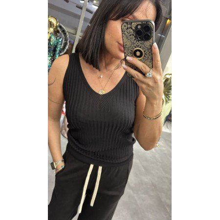 Włoski Top Prążkowany V-neck – Wiskoza & Nylon – Czerń– Rozmiar Uniwersalny // 5412