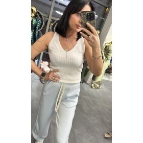 Włoski Top Prążkowany V-neck – Wiskoza & Nylon – Biel– Rozmiar Uniwersalny // 5414