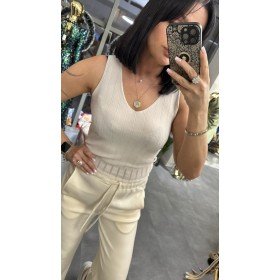 Elegancki Top z Dekoltem V – Mieszanka Wiskozy – Made for Italy – One Size - Beżowy // 5417