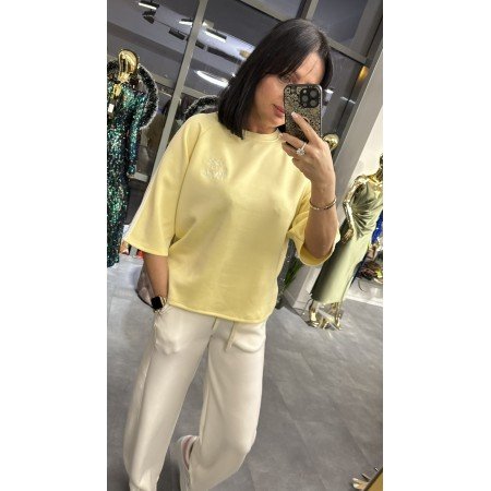 Włoska Bluzka Oversize z Haftem i Sportowymi Lampasami – Made in Italy – cytrynowa  // 5550