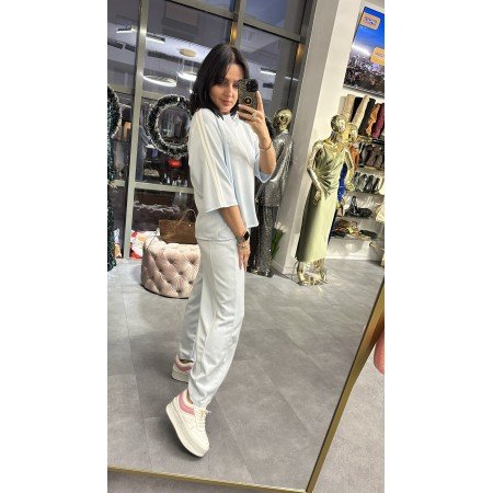 Włoska Bluzka Oversize z Haftem i Sportowymi Lampasami – Made in Italy – błękitna // 5551