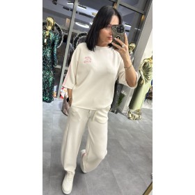 Włoska Bluzka Oversize z Haftem i Sportowymi Lampasami – Made in Italy – ecru z różem // 5552