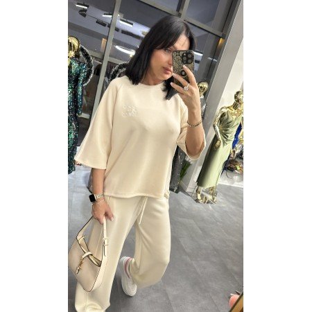 Włoska Bluzka Oversize z Haftem i Sportowymi Lampasami – Made in Italy – beż // 5553