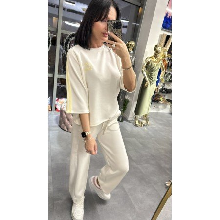 Włoska Bluzka Oversize z Haftem i Sportowymi Lampasami – Made in Italy – ecru z cytryną // 5554