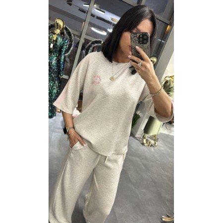 Włoska Bluzka Oversize z Haftem i Sportowymi Lampasami – Made in Italy – szary melanż // 5555