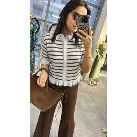 Pasiasty Sweterek z Perłowymi Guzikami i Falbanką – Błękitno-Brązowy // 5556