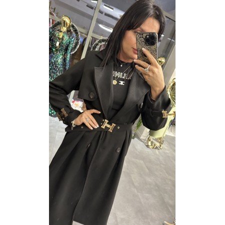 Elegancki Płaszcz typu Trencz z Złotą Klamrą – Klasyczna Czerń (Kolekcja Włoska) // 5561