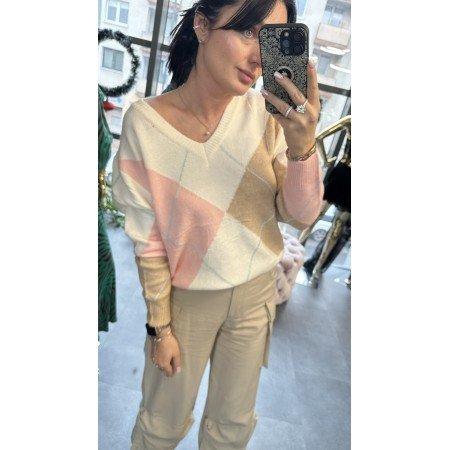 Włoski Mięciutki Sweter w Romby – Pastelowy Mix – WEŁNA & WISKOZA // 5573