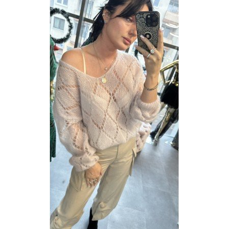 Luksusowy Sweter z Moherem „Ażurowe Diamenty” – Made in Italy - Beż // 5583