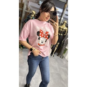 Włoska Bluzka Oversize z Motywem Myszki Minnie – Made in Italy – róż  // 5591