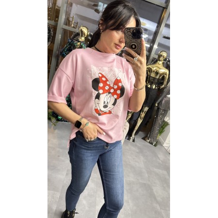 Włoska Bluzka Oversize z Motywem Myszki Minnie – Made in Italy – róż  // 5591