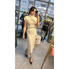 Włoski Komplet „Sardinia” – Spódnica Midi i Top z Półgolfem - Beż // 5593