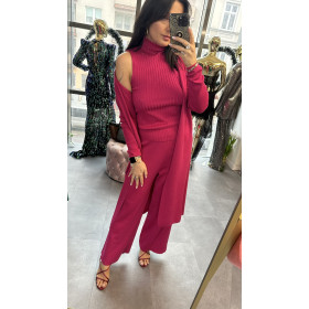 Elegancki komplet 3-częściowy Soft Luxury – Kardigan, Top i Szerokie Spodnie, Energetyczna Fuksja // 5603