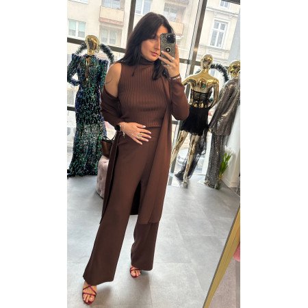 Elegancki komplet 3-częściowy Soft Luxury – Kardigan, Top i Szerokie Spodnie, Klasyczna Czekolada // 5605