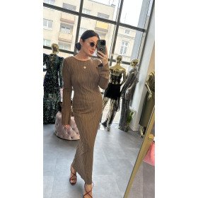 Sukienka Maxi AdoreDanew – Teksturowana Elegancja z Odkrytymi Plecami, Brąz // 3144*