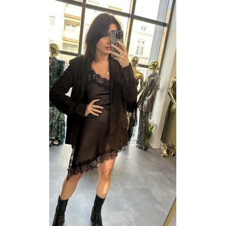 Halka Mini Vicolo | Czekoladowa  Satyna i Czarna Koronka | Luksusowy Slip Dress Made in Italy // 5665