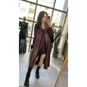 Bordowy Płaszcz Skórzany Damski AdoreDanew Naturalna Skóra Licowa Elegancki | [Nazwa Twojego Sklepu]