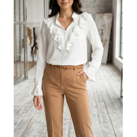 Elegancka Koszula z Falbaną i Stójką – Klasyczna Biel – Model Premium Ruffle // 5702